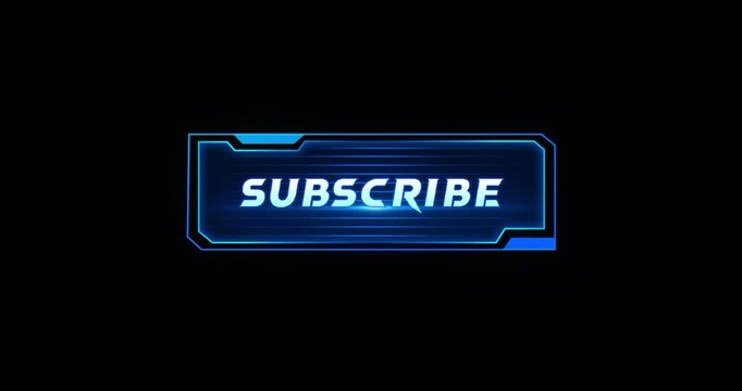 Futuristic cyberpunk HUD subscribe button animation with glowing blue light and cursor click on black background. Sci-fi call to action overlay for gaming streams and tech YouTube channels