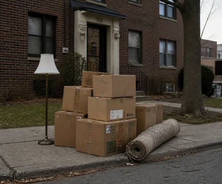 Cardboard moving boxes, rolled rug and standing lamp on curb outside brick apartment house, eviction and moving day concept