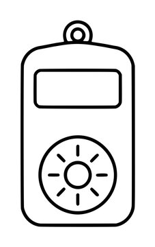 Minimalist black and white line art vector icon of a handheld electronic device with a rectangular screen and circular dial interface, perfect for technology and security concepts, clean illustration.