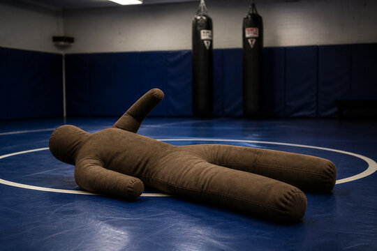 Grappling dummy on wrestling mat in training gym, martial arts and fitness concept