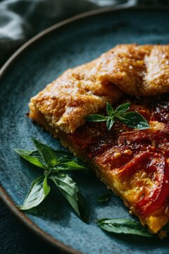 Savory tart slice features colorful peppers and fresh herbs on blue plate. Dish showcases crispy crust and rich textures. Gourmet presentation with natural lighting