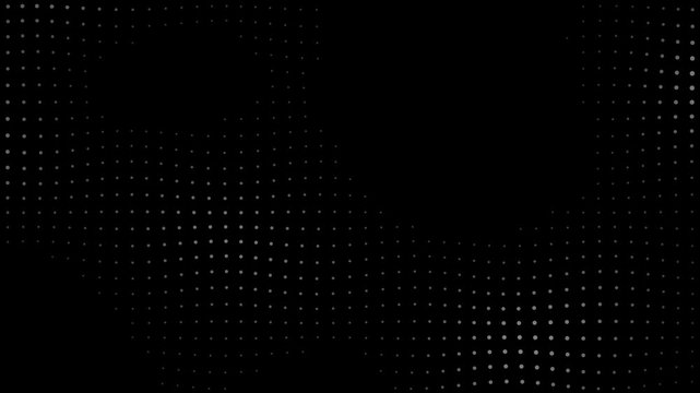 White halftone dot gradient pattern on black background, representing abstract design, retro print texture, and minimal motion graphic overlay.