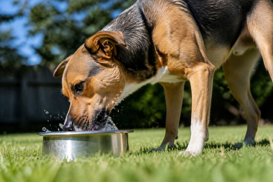 Dog drinking water from metal bowl in backyard, pet hydration and thirst