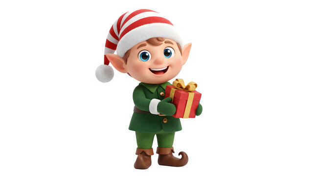 Cute cartoon christmas elf holding a wrapped gift isolated on transparent background