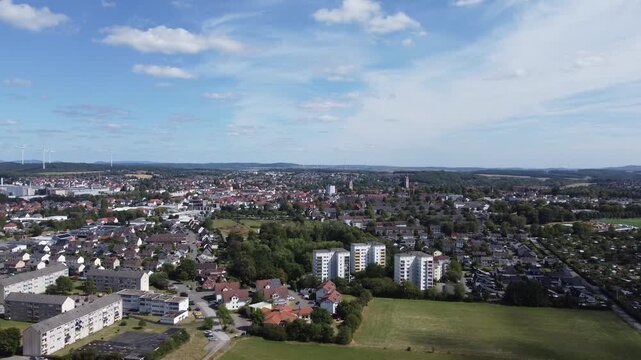 Aerial drone shot of Korbach historic old town with timber framed houses in Hessen Germany