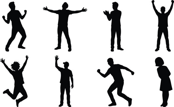 Black silhouettes of people in expressive standing, jumping, and running poses showing diverse human gestures