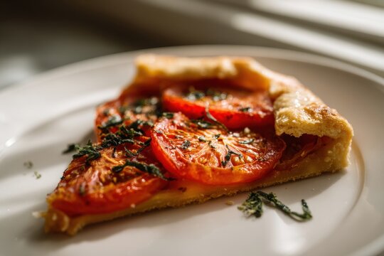 Tomato tart slice shows vibrant red tomatoes atop flaky crust with fresh herbs. Natural light enhances colors and textures on white plate. Perfect for food related designs