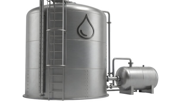 Industrial metal water storage tank with pipes and ladder isolated on transparent background
