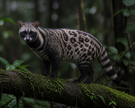 Wild African civet on mossy log in dim rainforest, spotted coat and dark face mask, wildlife and nature concept