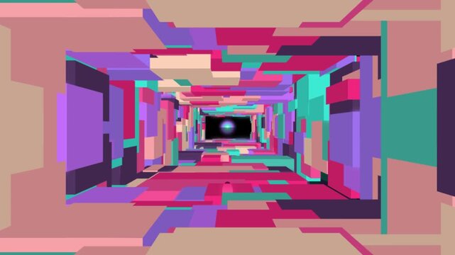 Colorful Abstract Geometric Tunnel with Vibrant Neon Shapes and Dynamic Perspective Motion Background