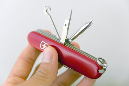 ZAPOPAN, MEXICO - AUGUST 24, 2026: Victorinox Super Tinker Swiss Army knife back tools open.