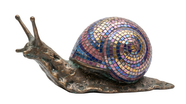 A decorative bronze snail sculpture with a colorful mosaic shell isolated on transparent background