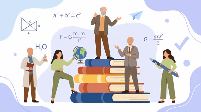 Education and Science Concept with Diverse People, Books, and Academic Symbols