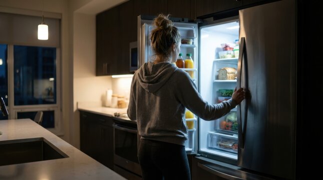Woman opening refrigerator in dark kitchen at night for a late night snack