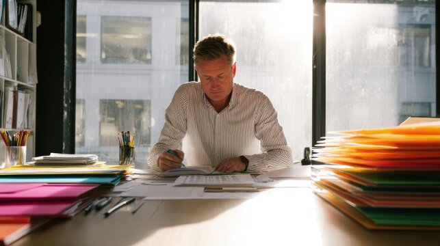 Man focused on work in bright office setting with colorful paper stacks. Sunlight streams through large windows, highlighting modern workspace with organization and creativity