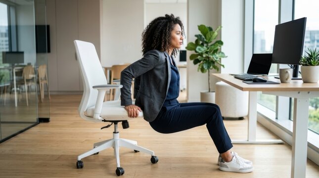 Businesswoman doing tricep dips on office chair for desk workout exercise