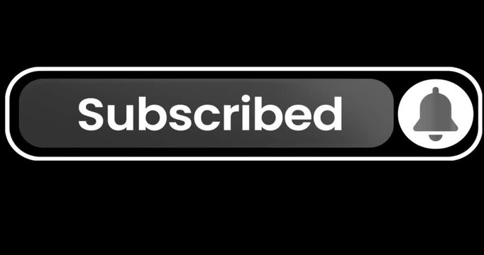 Red Subscribe button animation with cursor click and notification bell on a black background. Modern social media call to action overlay for YouTube videos