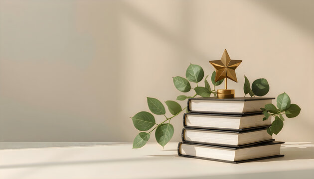Golden star trophy atop stack of hardcover books decorated with green leafy twigs.