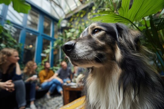 Dog poses elegantly in lush indoor garden with people enjoying social time in background. Vibrant green plants frame scene with soft light creating inviting atmosphere