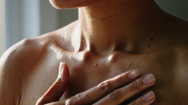 Entering frame, right hand moving upward and placing palm on bare chest near window, showing moles