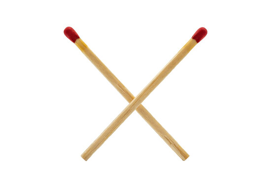 Two wooden matchsticks with red phosphorus heads arranged in an x shape against a plain white background, isolated on a, transparent background