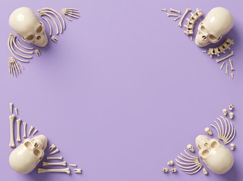 Top view of human skulls and bones arranged as a decorative frame on a purple halloween background