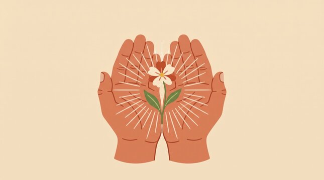 Minimalist cupped hands holding a blooming white flower with a radiant sunburst effect on a beige background.
