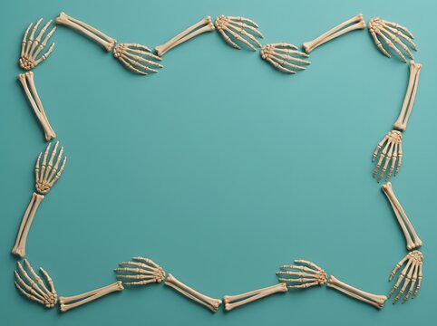 A creative halloween background featuring a rectangular frame made of plastic skeleton hands on a teal surface