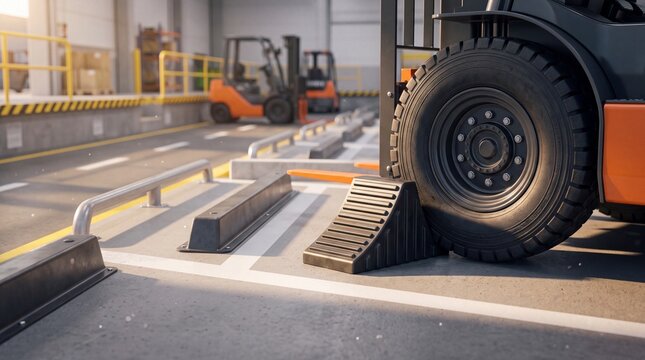 Industrial forklift truck wheel resting on metal stopper block inside warehouse facility with forklift tire positioned