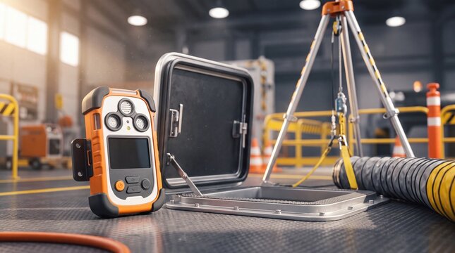 Portable gas detector and tripod equipment sitting on industrial warehouse floor near open metal hatch