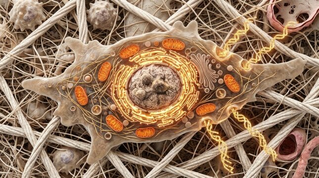 Fibroblast cell showing prominent nucleus, glowing rough endoplasmic reticulum, synthesizing procollagen as golden coil, orange mitochondrion active within extracellular matrix, elastin fiber.