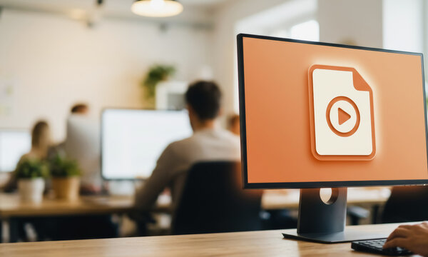 Video file icon on computer monitor in office