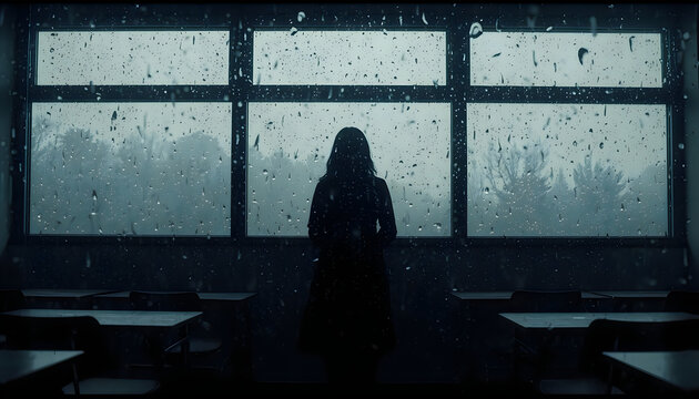 Loneliness concept with silhouette of woman looking through rainy window pane.
