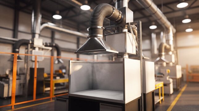Industrial ventilation hood with exhaust system installed in a modern metal manufacturing factory workshop floor space