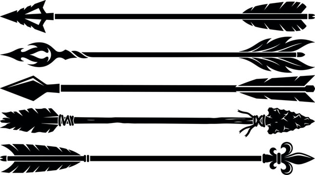 Five black silhouette arrows with varied arrowhead designs rest on a white background