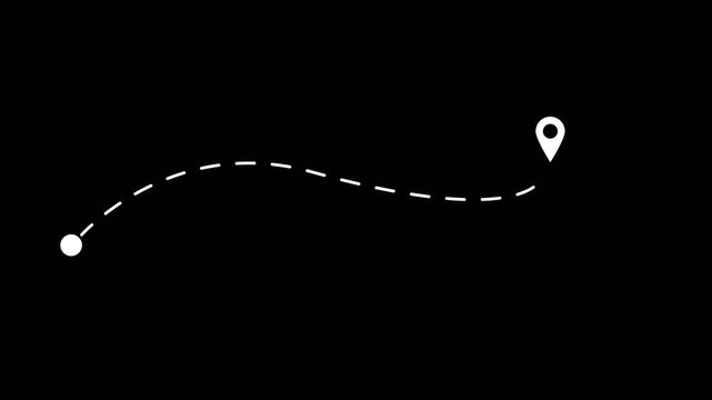 Animated dashed route line leading to map pin location on dark background.arrow and destination marker. Minimal travel and map concept. GPS and logistics icon design.