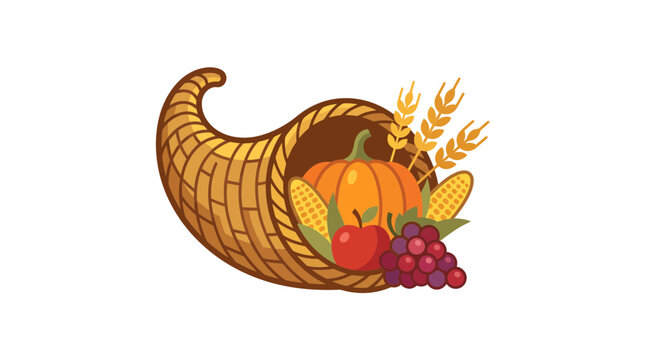 Traditional Cornucopia Horn of Plenty Filled with Harvest Fruits and Vegetables for Thanksgiving Celebration