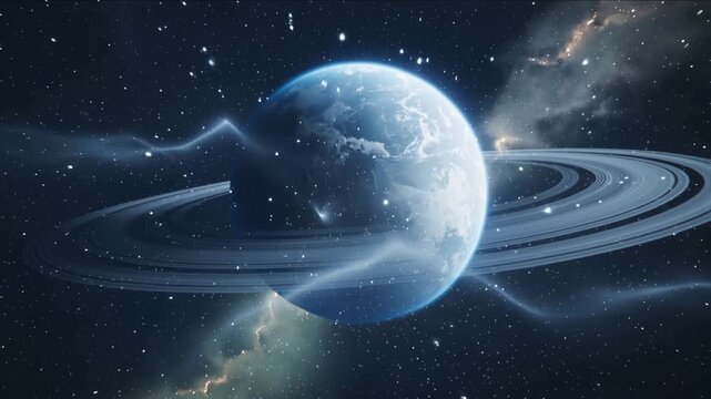 Pulling camera revealing ringed icy planet centering above cratered moon to reveal auroral rings