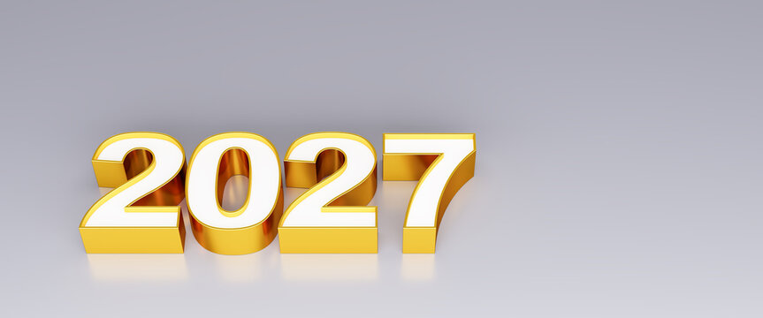 Golden digits with a white core building the year "2027" on a gray background. New Years Eve, new year concept.
