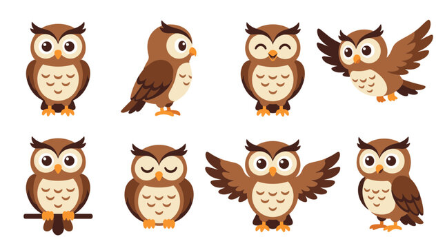 Cute owl character set vector with various poses like perching standing flying sleeping and spreading wings isolated on white background