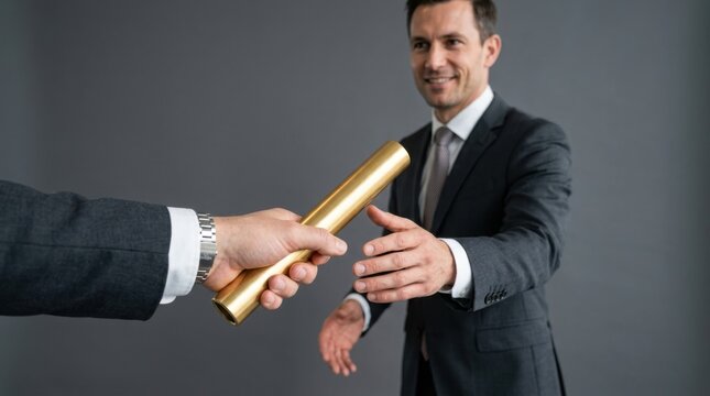 Businessmen passing golden relay baton for corporate succession and leadership transition