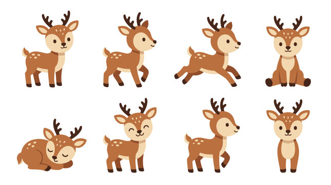 Cute deer character set vector with various poses like standing sitting walking running and sleeping isolated on white background