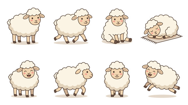 Cute sheep character set vector with various poses like standing sitting walking running jumping and sleeping isolated on white background