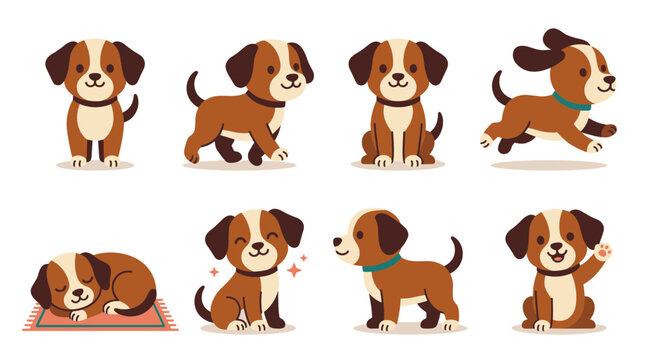 Cute dog character set vector with various poses like standing sitting walking running sleeping and waving isolated on white background