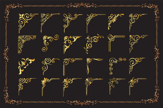 Luxury Gold Vintage Corner Flourishes Set, Golden Calligraphic Swirl Ornaments and Frame Border Vector for Wedding Invitation and Certificate Design