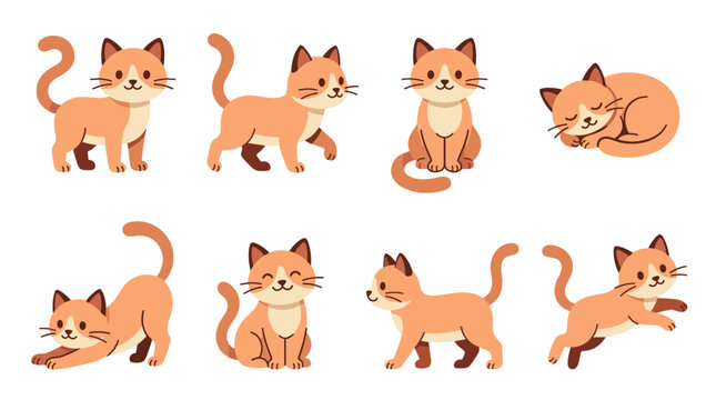 Cute cat character set vector with various poses like standing sitting walking running sleeping and stretching isolated on white background