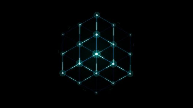 Glowing Blue 3D Wireframe Cube with Connected Nodes and Futuristic Digital Network Animation on Dark Background