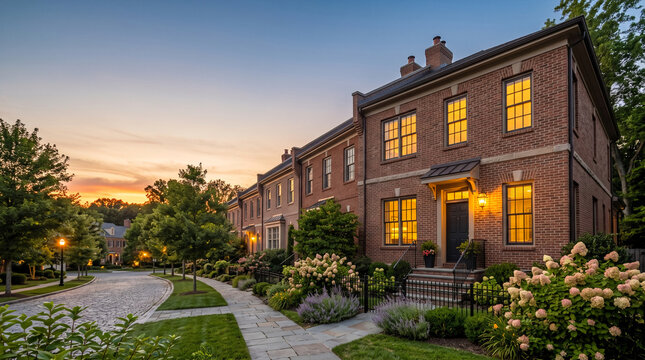 Brick townhouses with warm interior lights on a cobblestone street at dusk