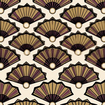 Art deco fan seamless pattern design with gold and plum colors on a beige background