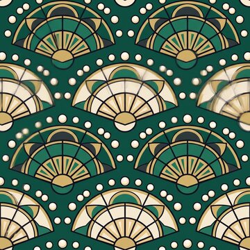 Art deco fan pattern design with repeating motifs on a dark green background